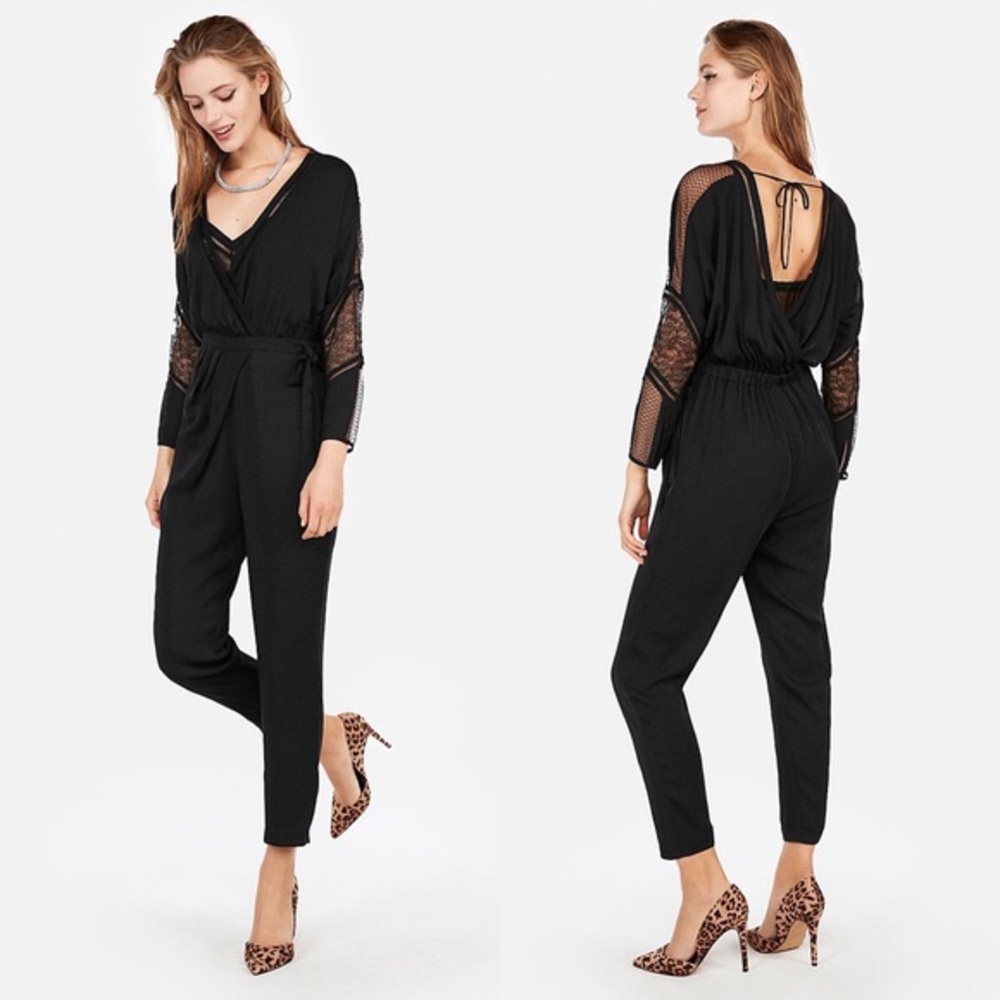 Express Edition Pieced Lace Tie Waist Jumpsuit